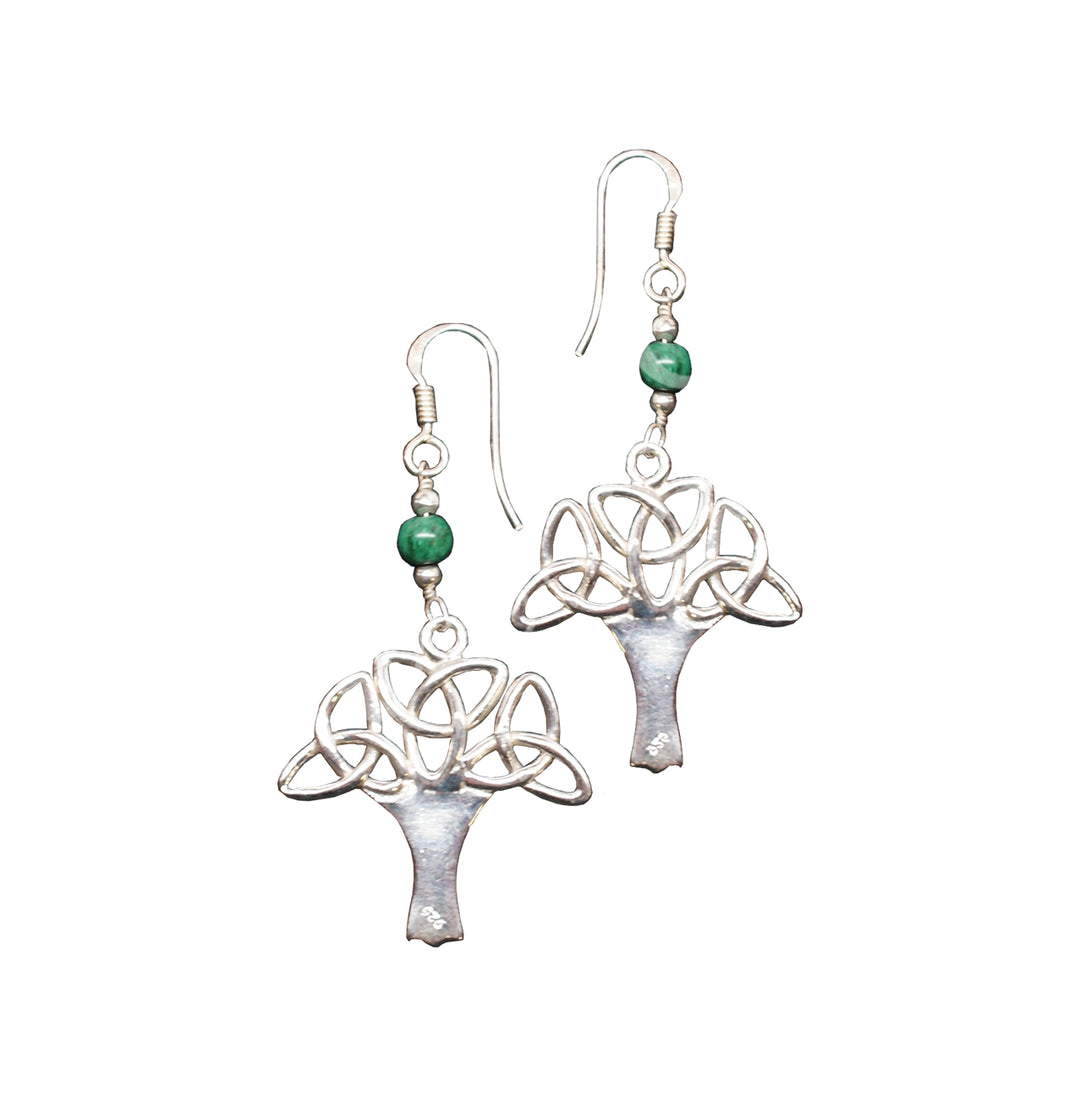 Sterling Silver Earrings Triquetra Tree Malachite 1.75″