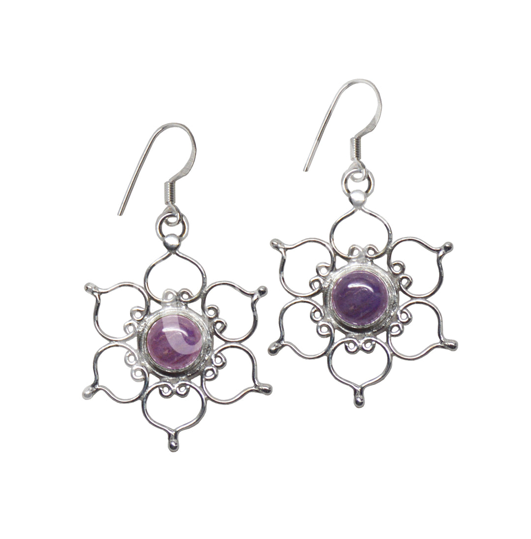 Sterling Silver Earrings Lotus Amethyst 1.25″dia.X 2″L