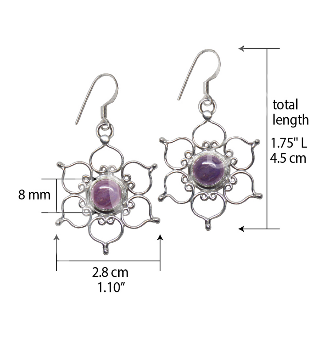 Sterling Silver Earrings Lotus Amethyst 1.25″dia.X 2″L