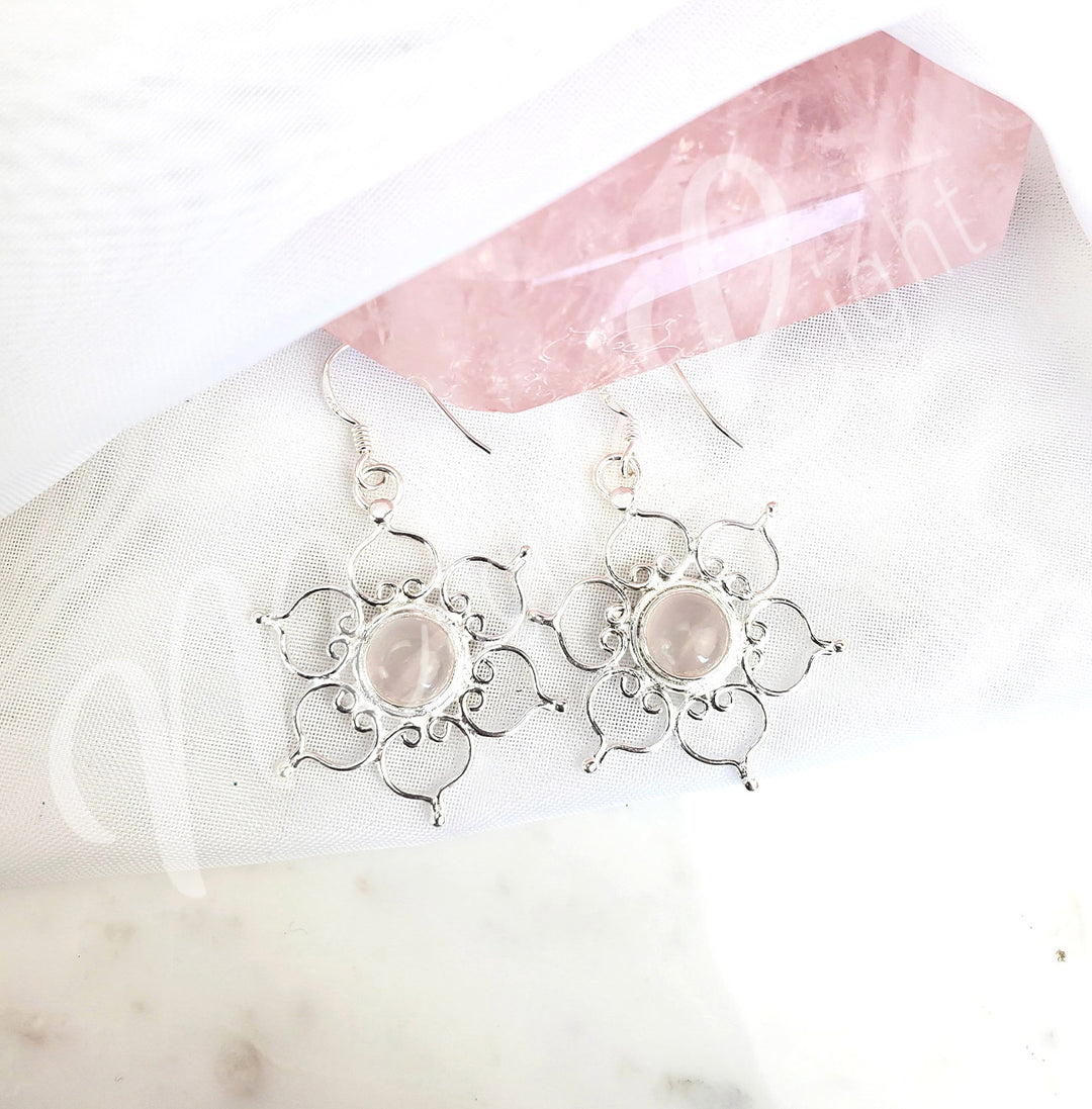 Sterling Silver Earrings Lotus Rose Quartz 1.25″DIA X 2″L