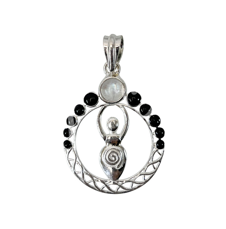 Sterling Silver Pendant Goddess with Moon Phases Rainbow Moonstone