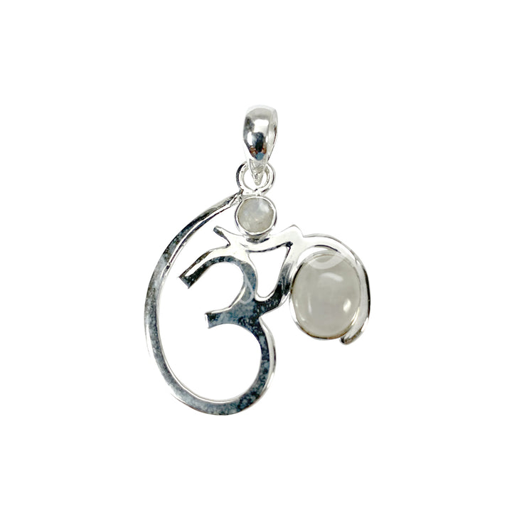 Sterling Silver Pendant OM w Rainbow Moonstone 1.5"