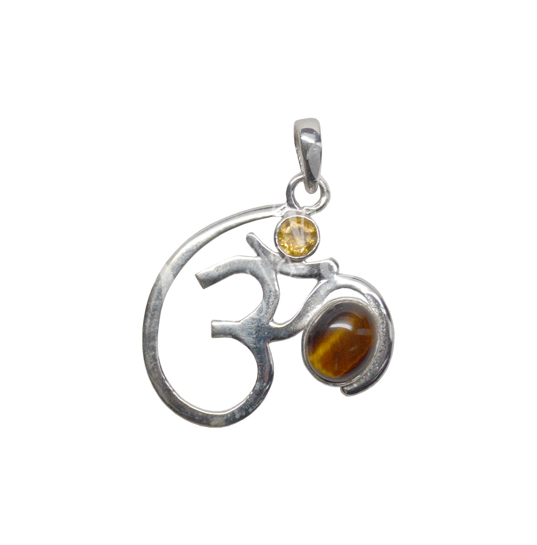 Sterling Silver Pendant OM With 2 Tiger Eye 1.25"W X 1.5"H