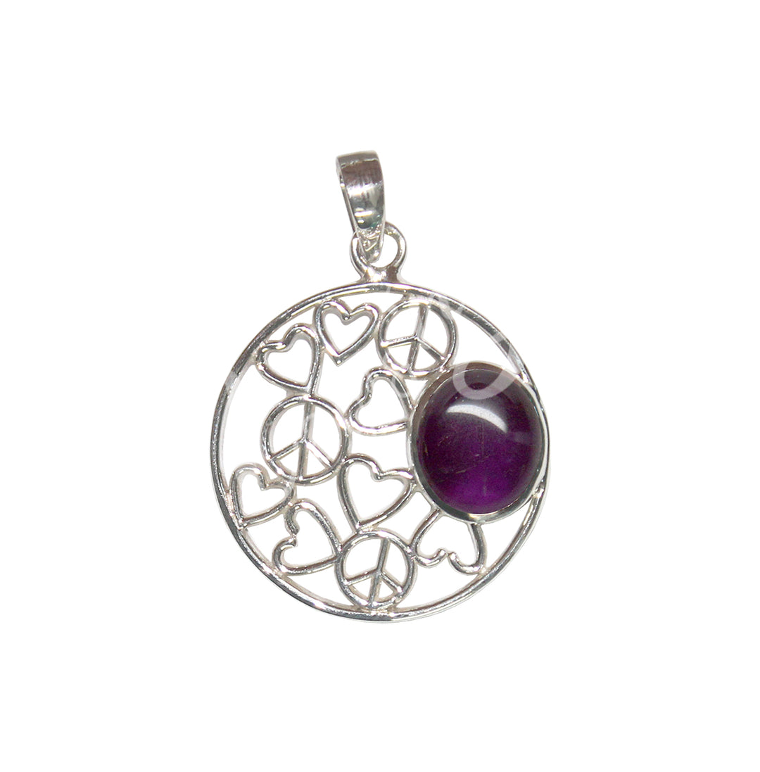 Sterling Silver Pendant Peace & Love Amethyst 1.6″