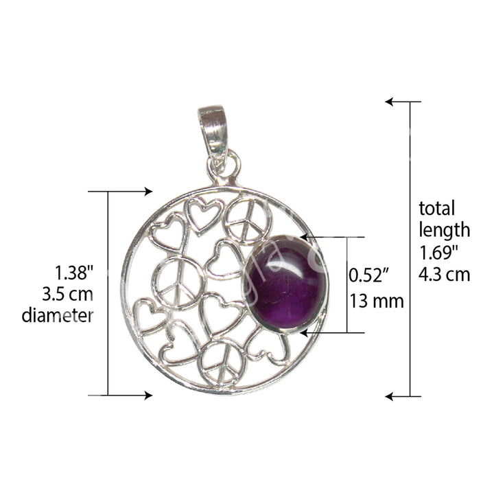 Sterling Silver Pendant Peace & Love Amethyst 1.6″