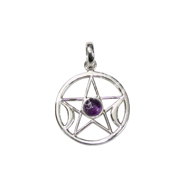 Sterling Silver Pendant Moon Pentacle Amethyst 1.25″