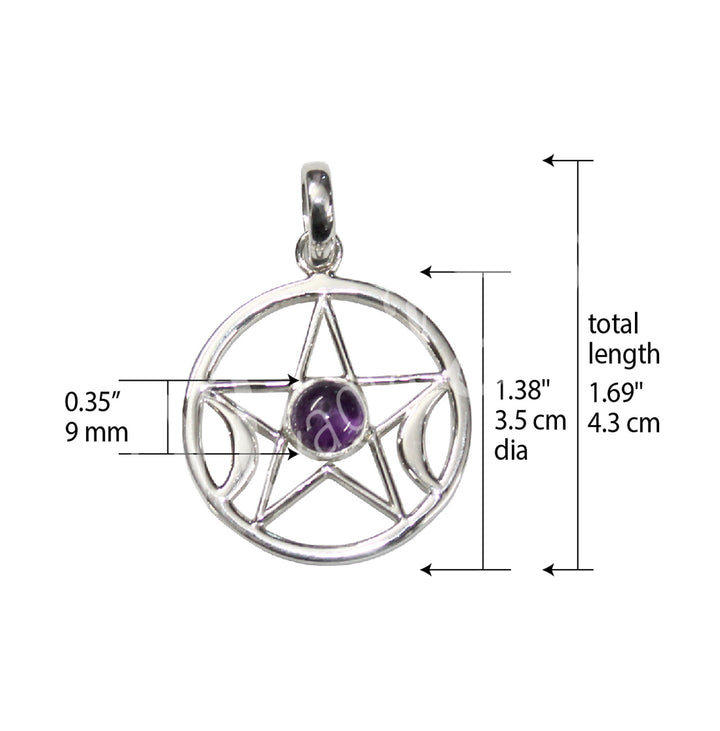 Sterling Silver Pendant Moon Pentacle Amethyst 1.25″