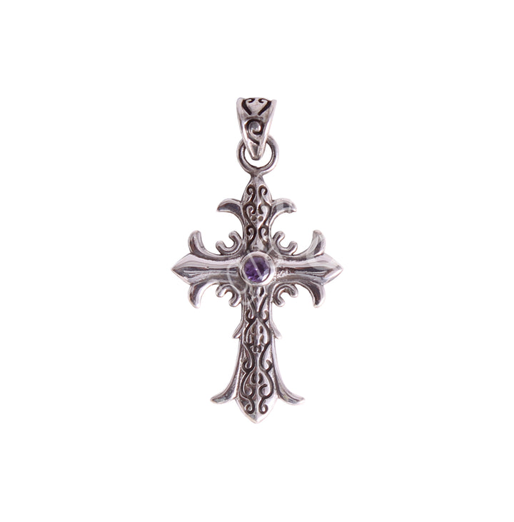 Sterling Silver Pendant Medieval Cross Amethyst 2"L