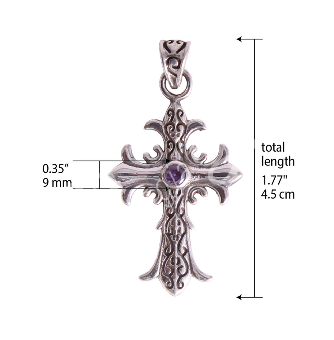 Sterling Silver Pendant Medieval Cross Amethyst 2"L