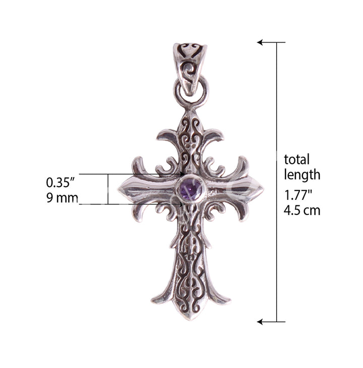 Sterling Silver Pendant Medieval Cross Amethyst 2"L