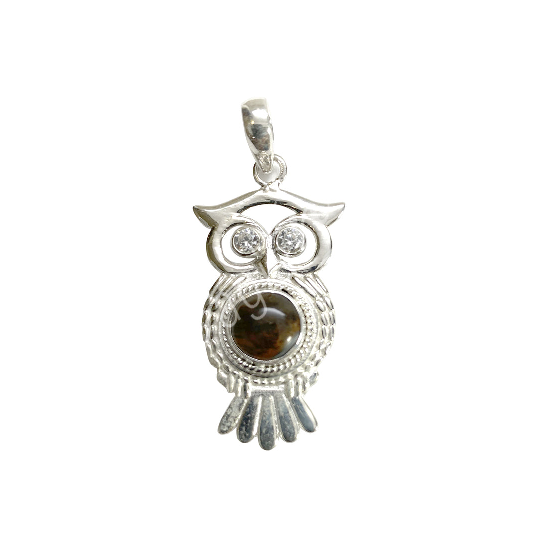 Sterling Silver Pendant Owl Blue Tiger Eye