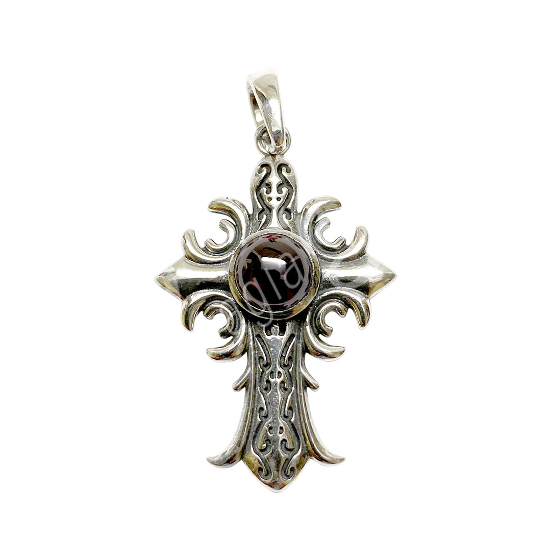 Sterling Silver Pendant Medieval Cross Garnet 2″L