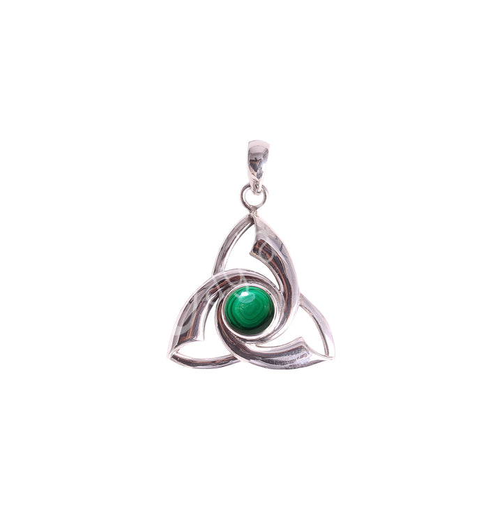 Sterling Silver Pendant Triquetra Malachite 1″W