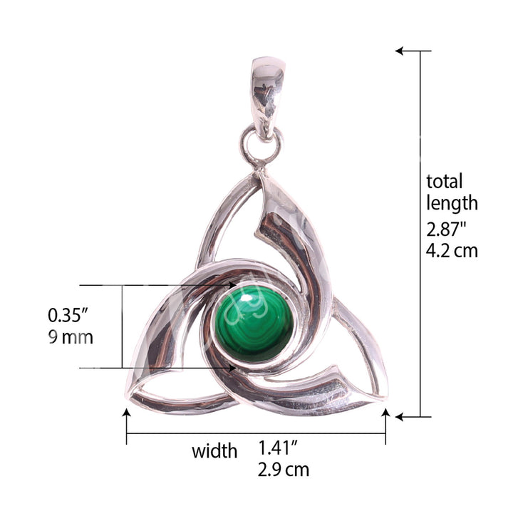 Sterling Silver Pendant Triquetra Malachite 1″W