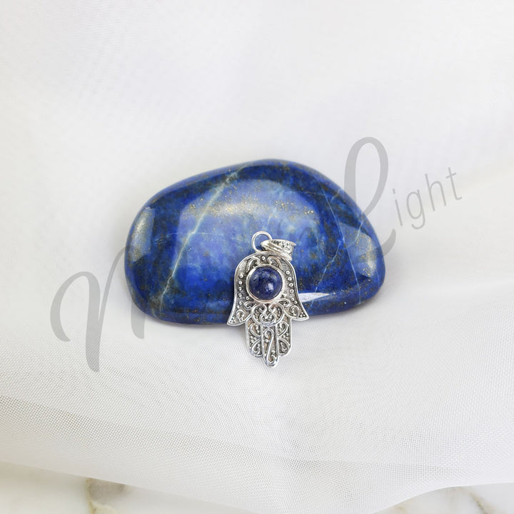 Sterling Silver Pendant Hand of Fatima Lapis Lazuli 1″W X 1.5″L