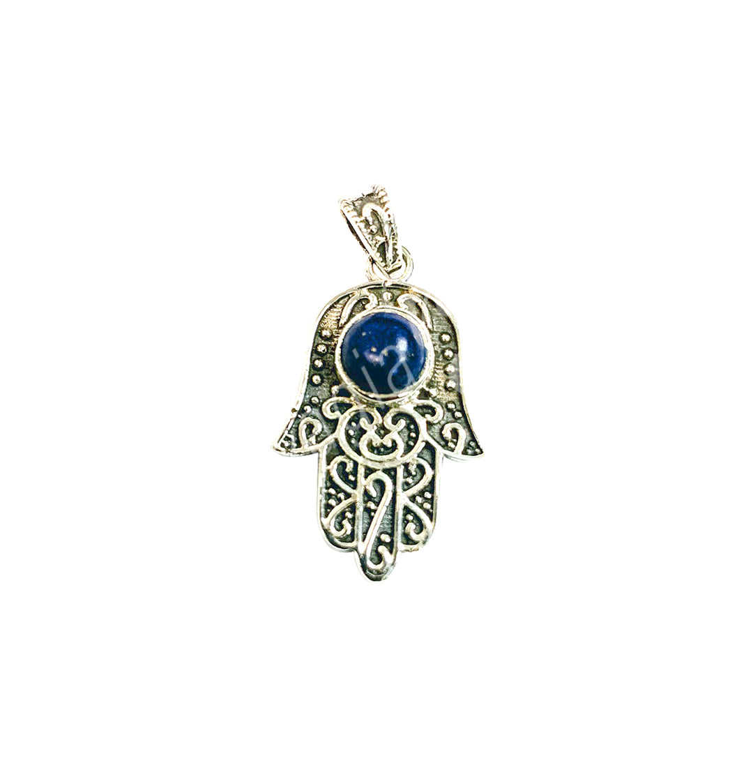 Sterling Silver Pendant Hand of Fatima Lapis Lazuli 1″W X 1.5″L