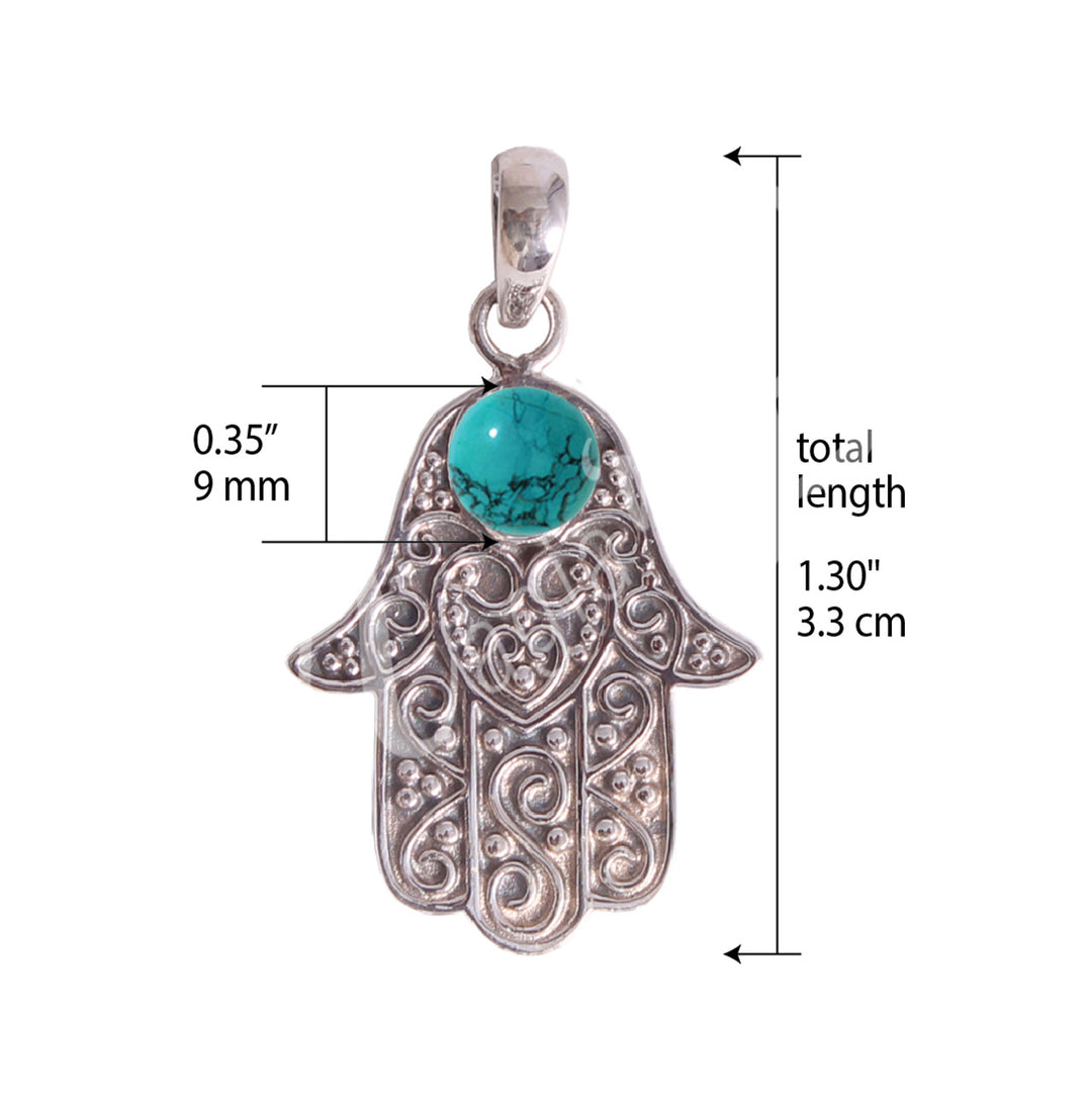 Sterling Silver Pendant Hand of Fatima Turquoise 1″W X 1.5″L