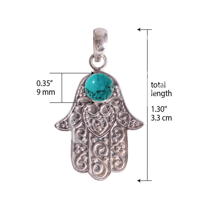 Sterling Silver Pendant Hand of Fatima Turquoise 1″W X 1.5″L