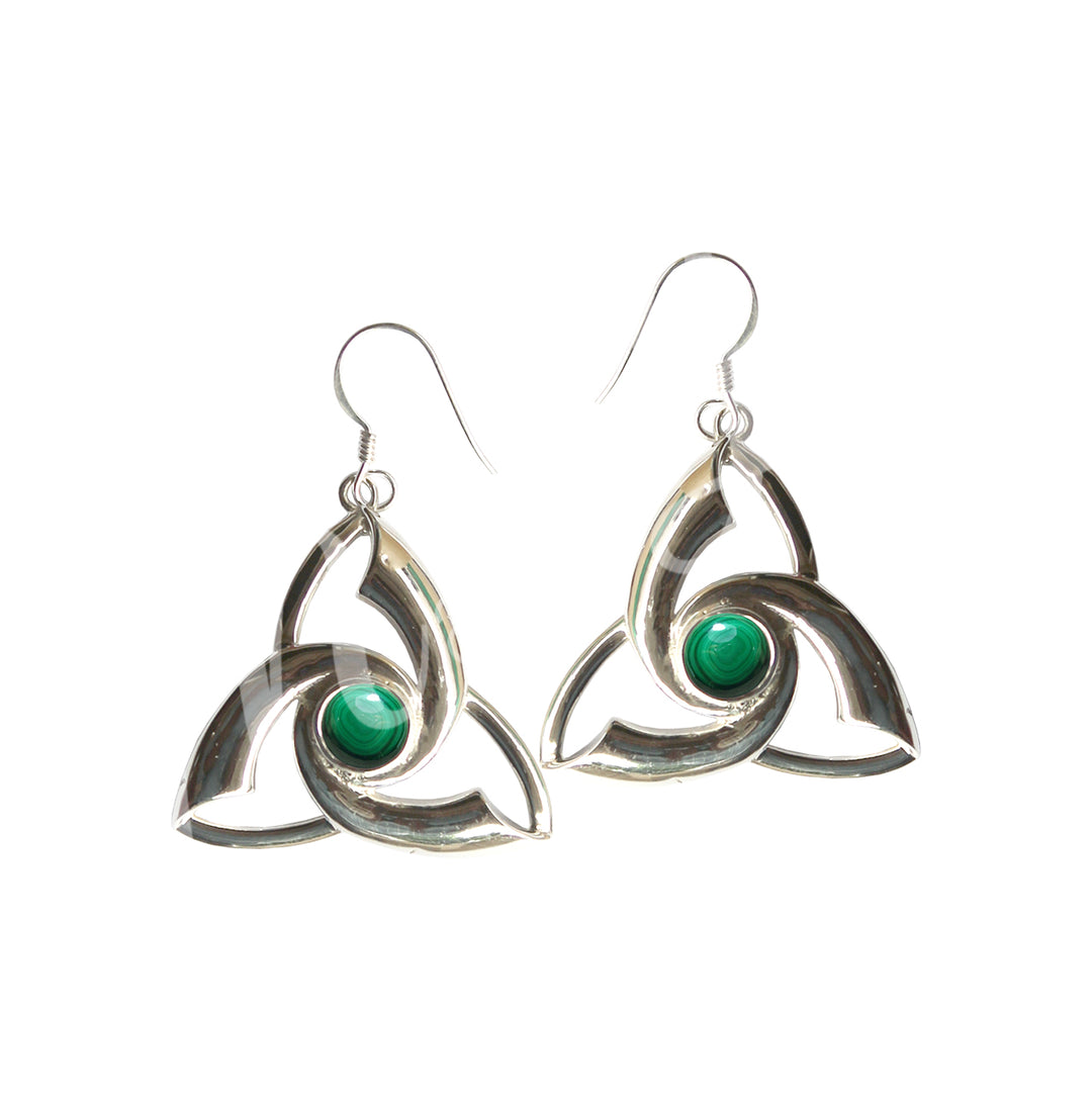 Sterling Silver Earrings Triquetra Malachite 1″W X 1.5″L