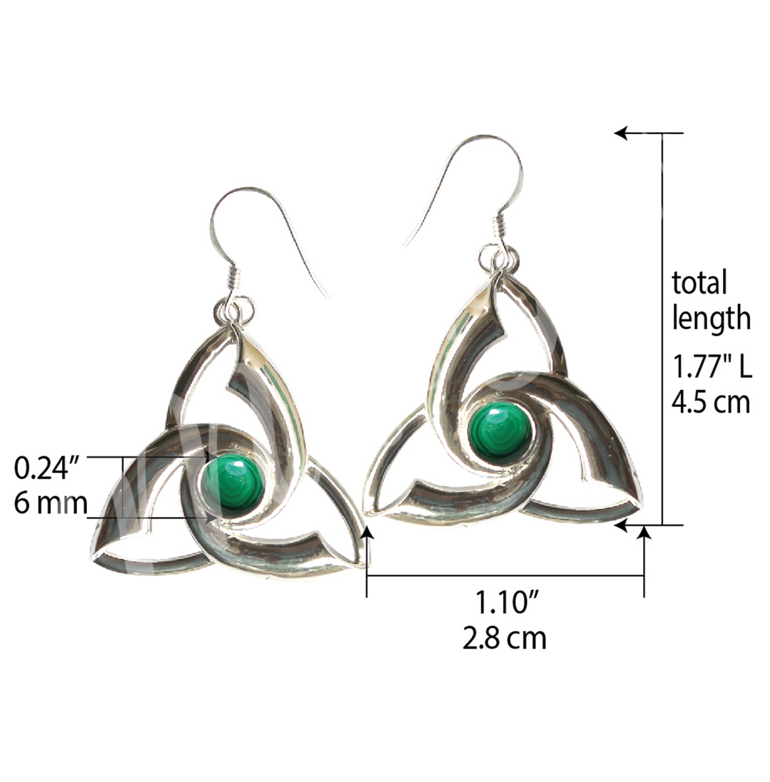 Sterling Silver Earrings Triquetra Malachite 1″W X 1.5″L