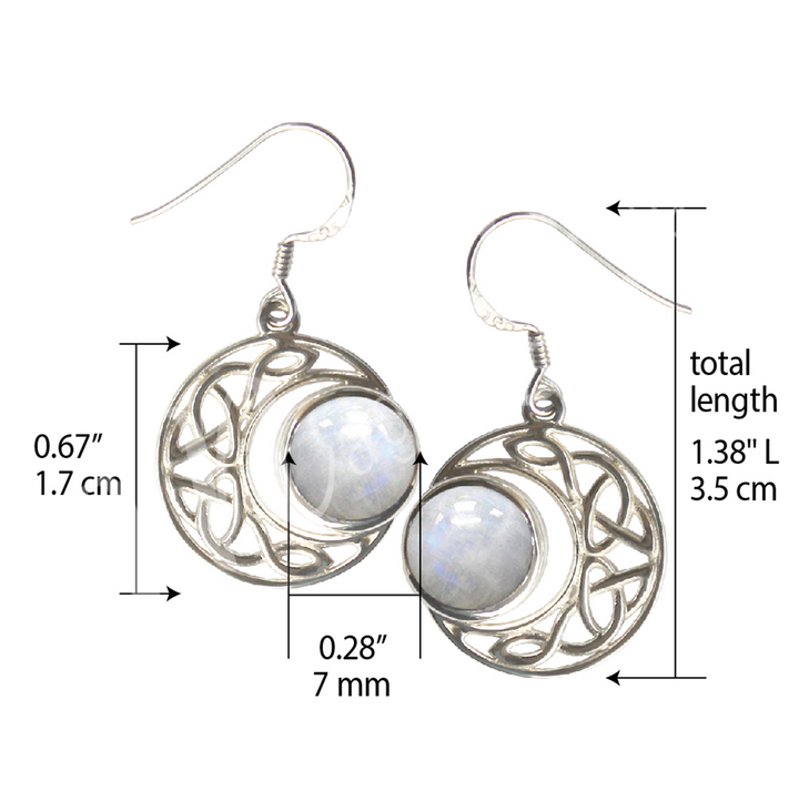 Sterling Silver Earrings Celtic Moon Rainbow Moonstone 1.15″L