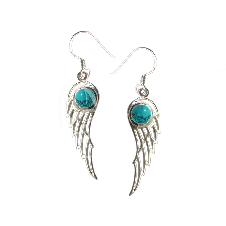 Sterling Silver Earrings Angel Wings w Turquoise 1.25″L