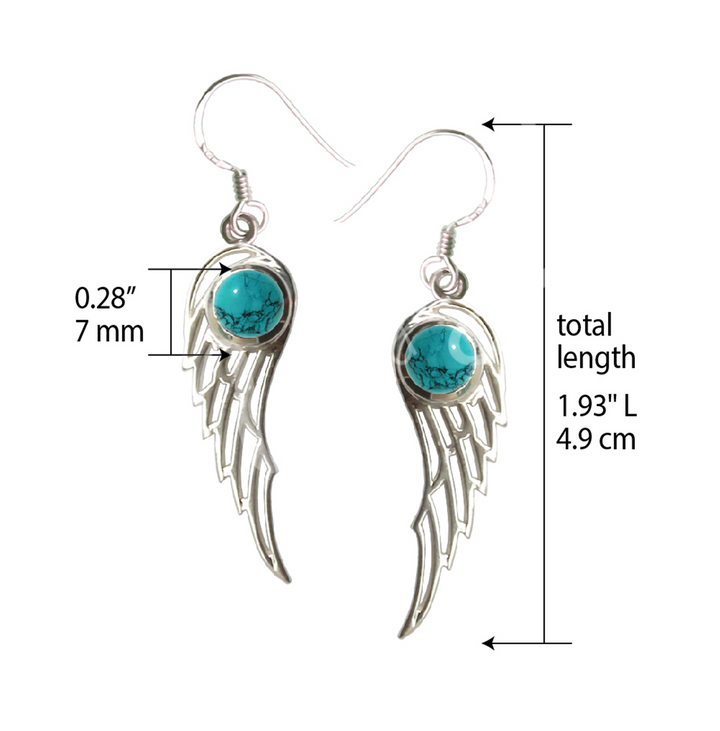 Sterling Silver Earrings Angel Wings w Turquoise 1.25″L