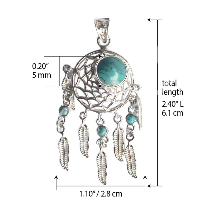 Sterling Silver Pendant Dreamcatcher Turquoise 2.5″