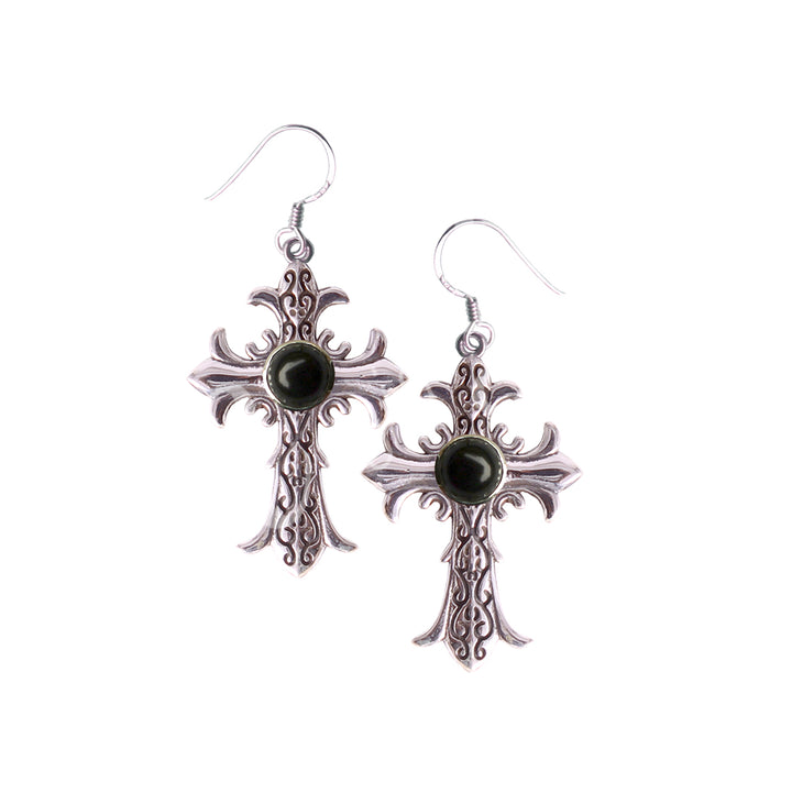 Sterling Silver Earrings Medieval Cross Black Onyx 0.75″W X 1.75″L
