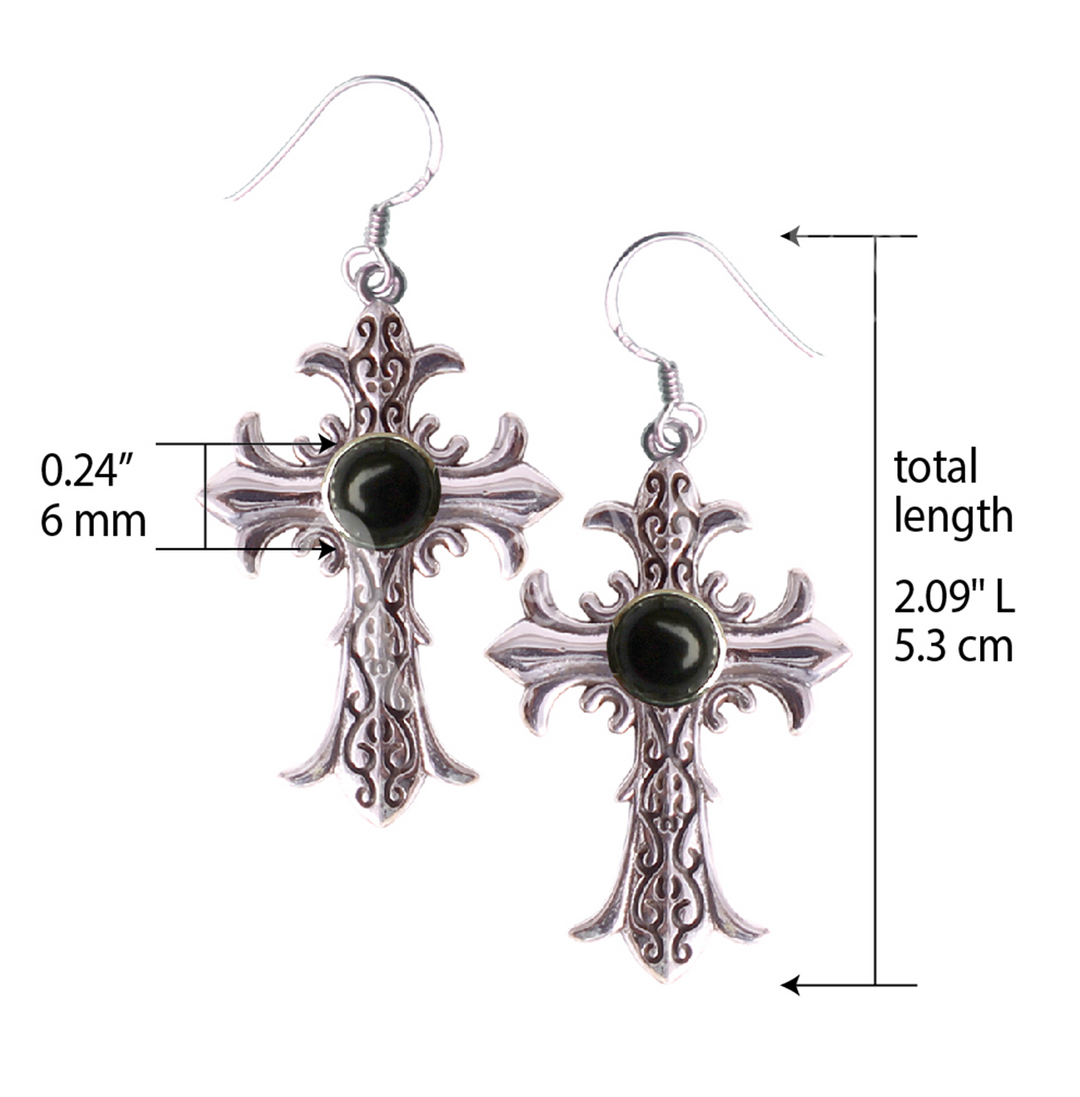 Sterling Silver Earrings Medieval Cross Black Onyx 0.75″W X 1.75″L
