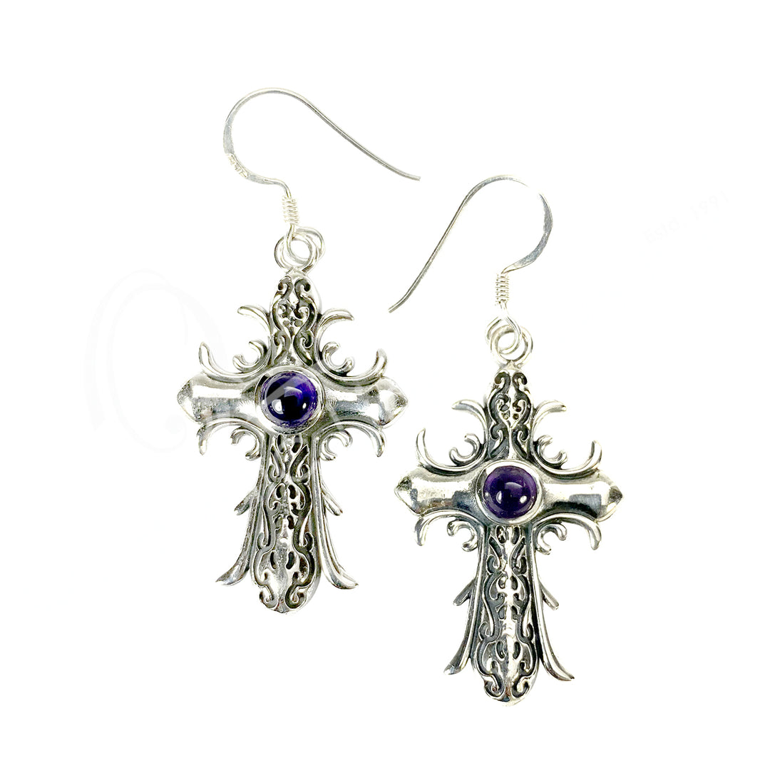 Pendientes de Plata de Ley Cruz Medieval Amatista 0.75″WX 1.75″L