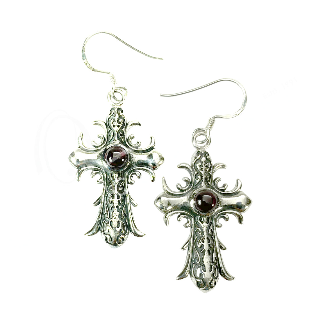 Pendientes de Plata de Ley Cruz Medieval Granate 0.75″WX 1.75″L