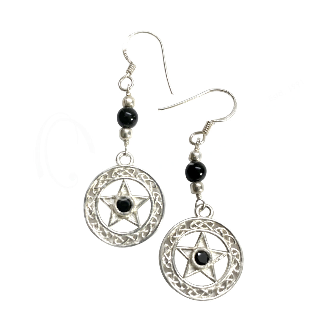 Sterling Silver Earrings Pentacles Black Onyx 2″