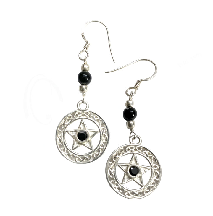 Pendientes de Plata Esterlina con Pentáculos y Ónix Negro 2"
