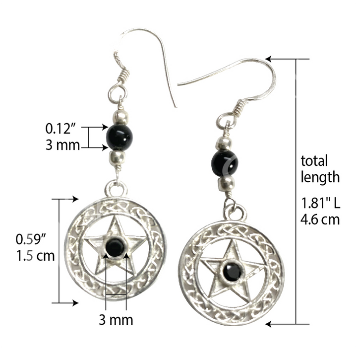 Pendientes de Plata Esterlina con Pentáculos y Ónix Negro 2"