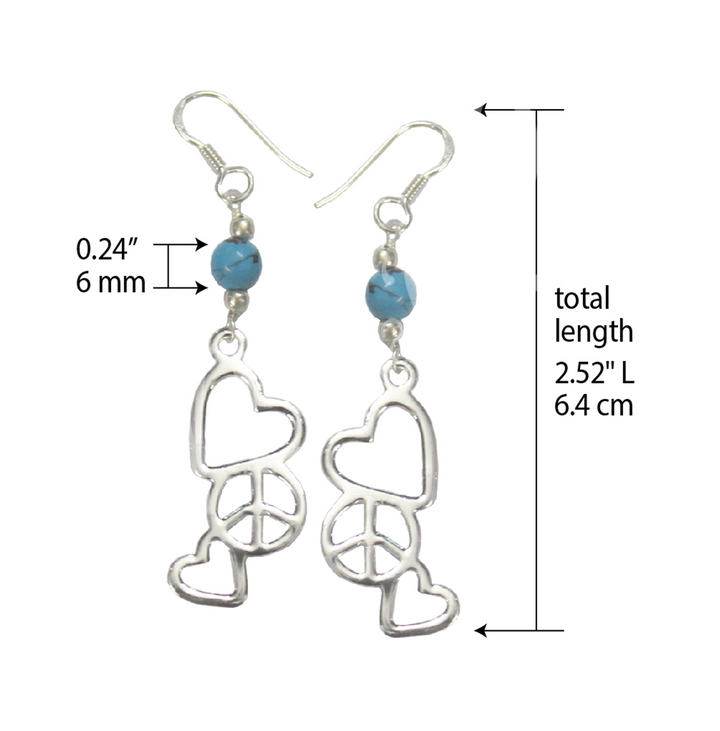 Sterling Silver Earrings Peace & Love Turquoise 2.25″
