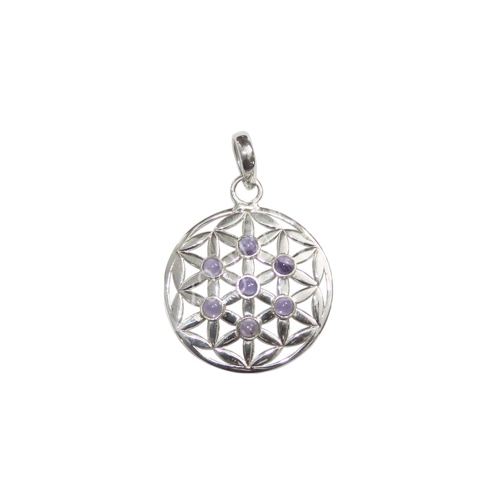 Sterling Silver Pendant Flower of Life Amethyst 1.25″