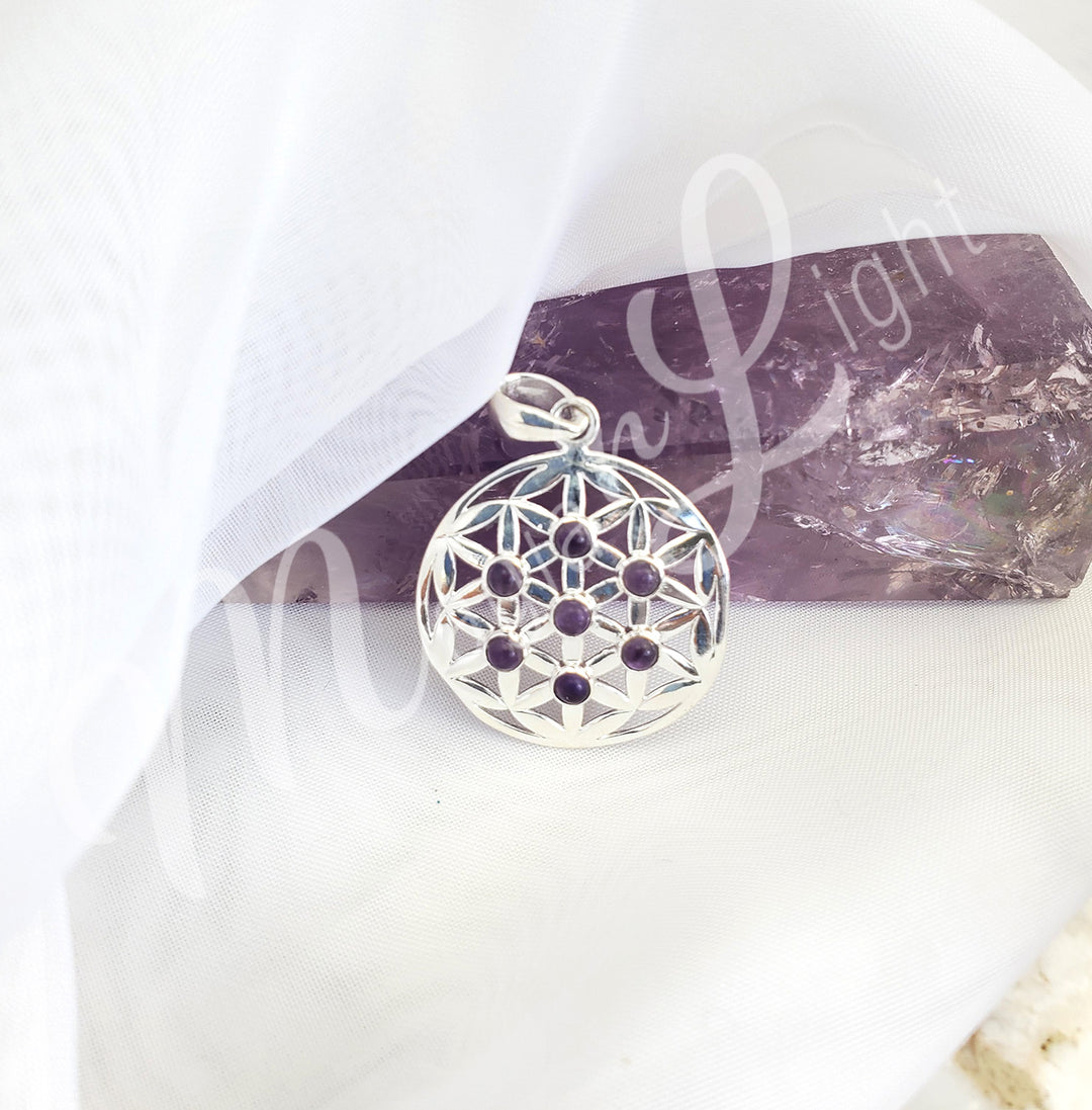 Sterling Silver Pendant Flower of Life Amethyst 1.25″