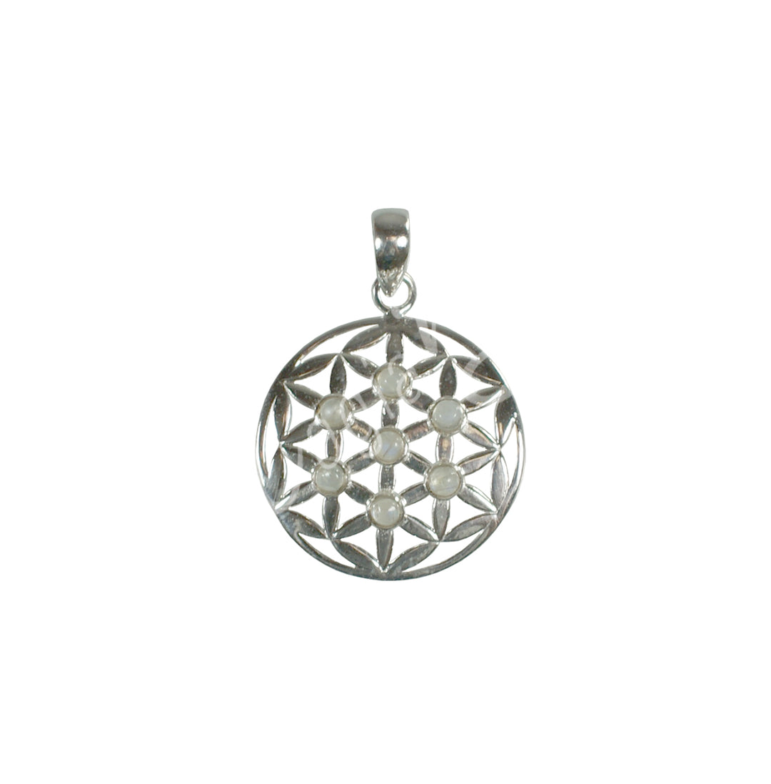 Sterling Silver Pendant Flower of Life Rainbow Moonstone 1.25″