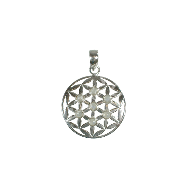 Sterling Silver Pendant Flower of Life Rainbow Moonstone 1.25″