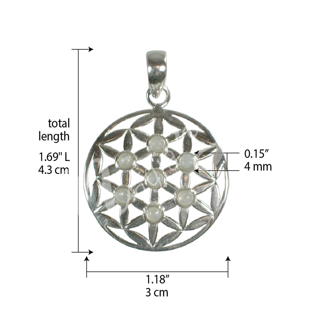 Sterling Silver Pendant Flower of Life Rainbow Moonstone 1.25″