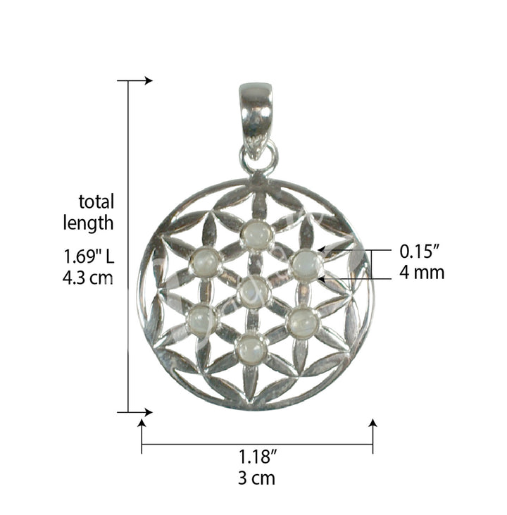 Sterling Silver Pendant Flower of Life Rainbow Moonstone 1.25″