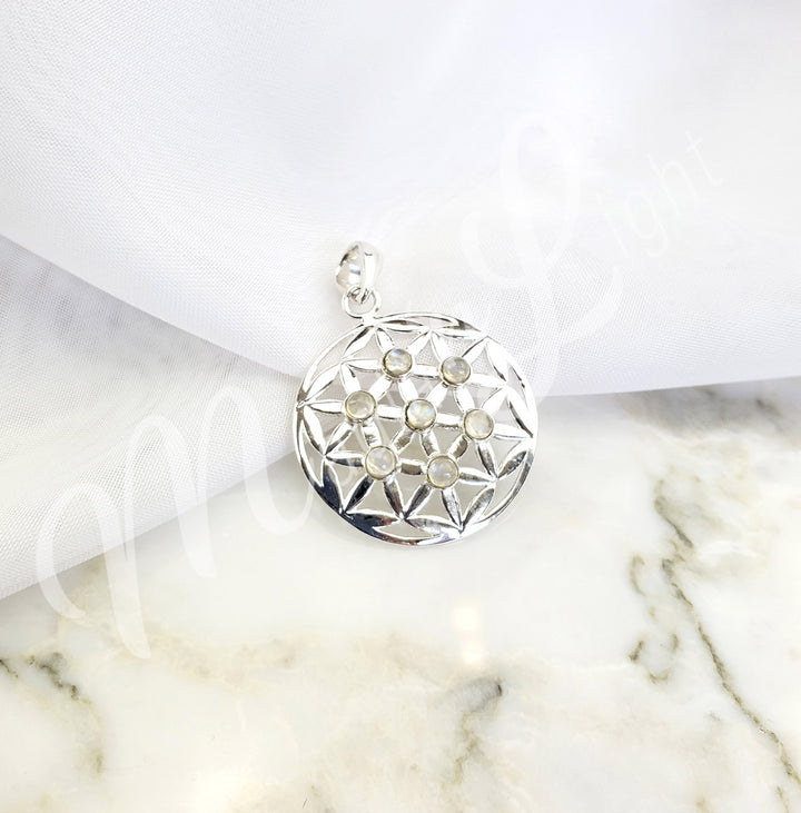 Sterling Silver Pendant Flower of Life Rainbow Moonstone 1.25″