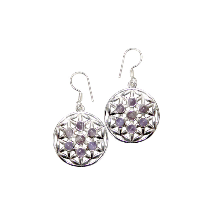 Sterling Silver Earrings Flower of Life Amethyst 0.75″