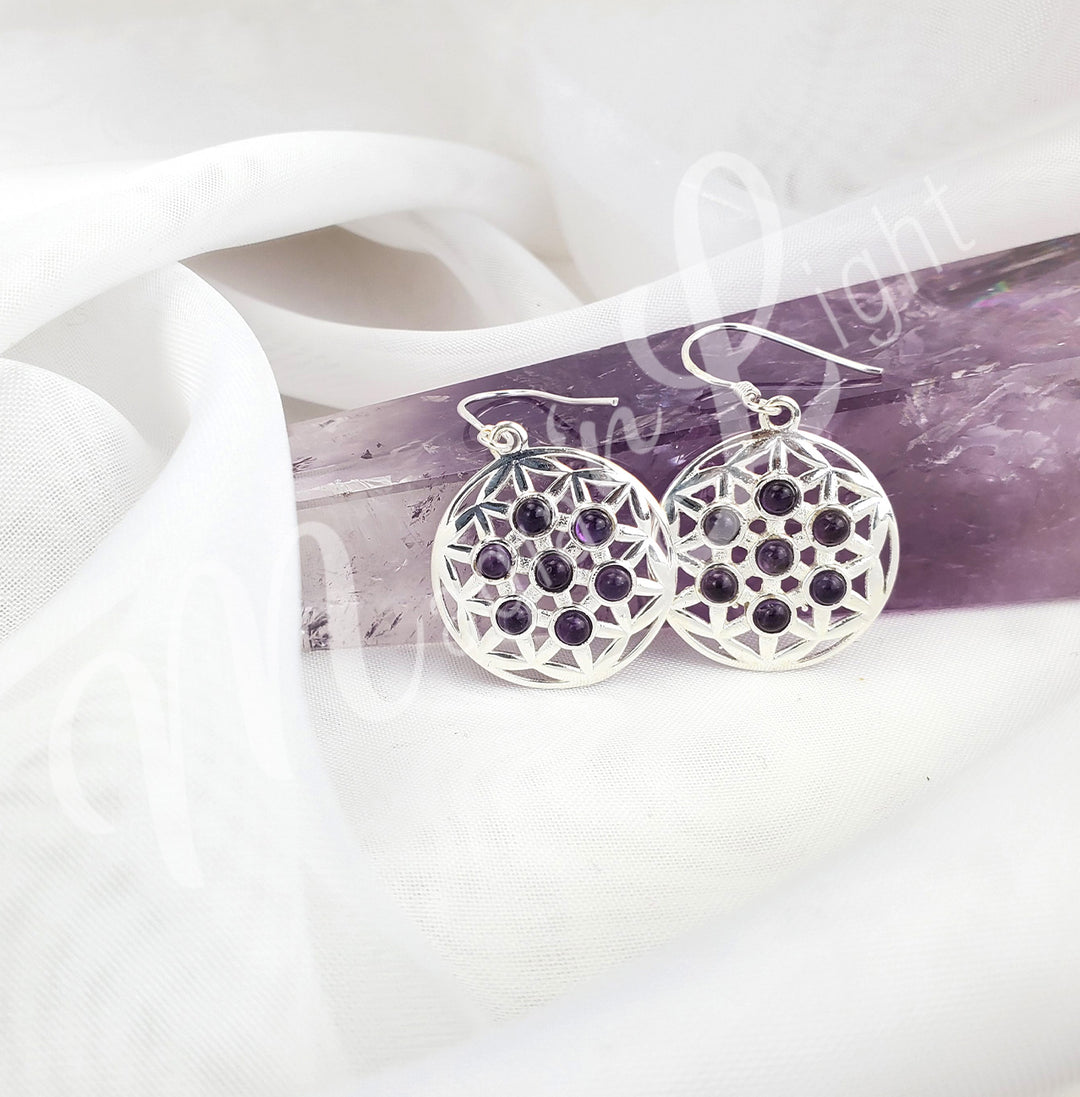 Sterling Silver Earrings Flower of Life Amethyst 0.75″