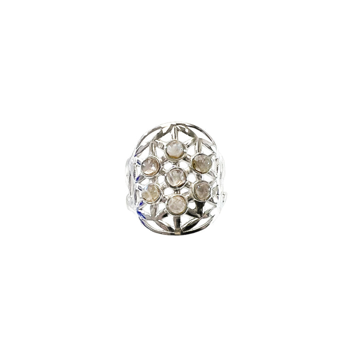 Sterling Silver Ring Flower of Life Rainbow Moonstone Adjustable 0.75″