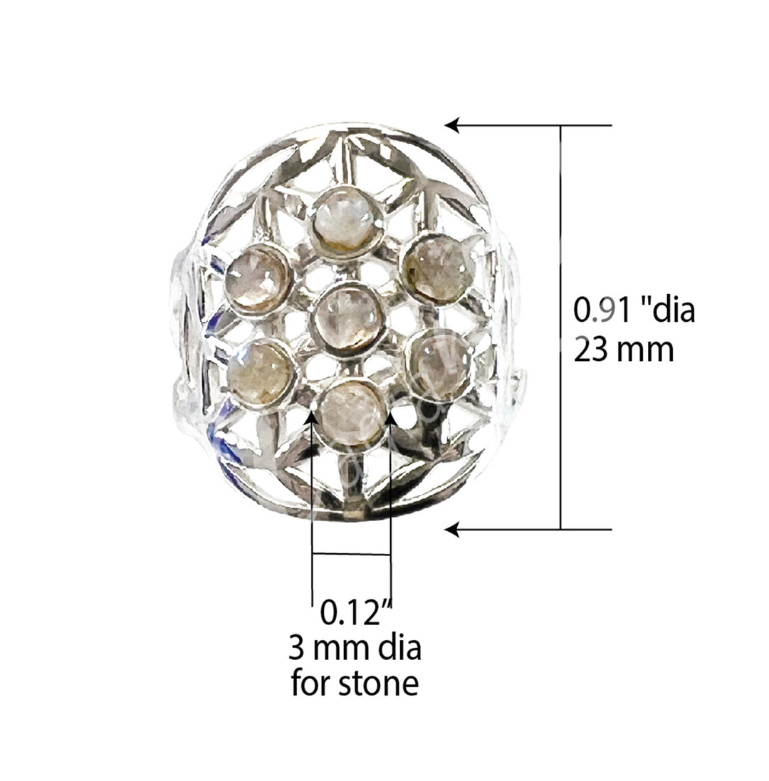 Sterling Silver Ring Flower of Life w Rainbow Moonstone 0.75″W