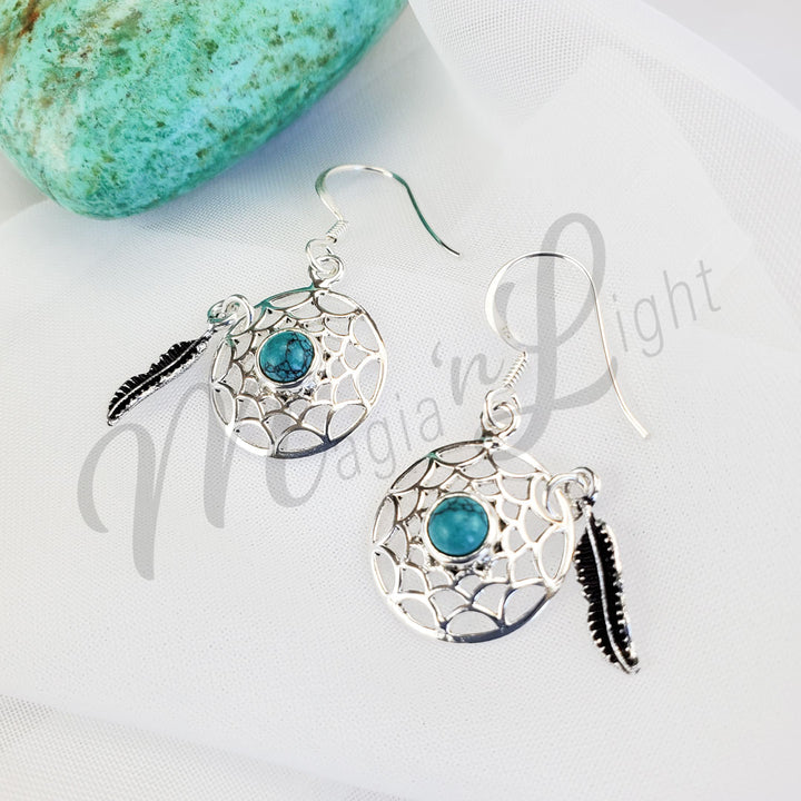 Sterling Silver Earrings Dreamcatcher Turquoise 2.5″