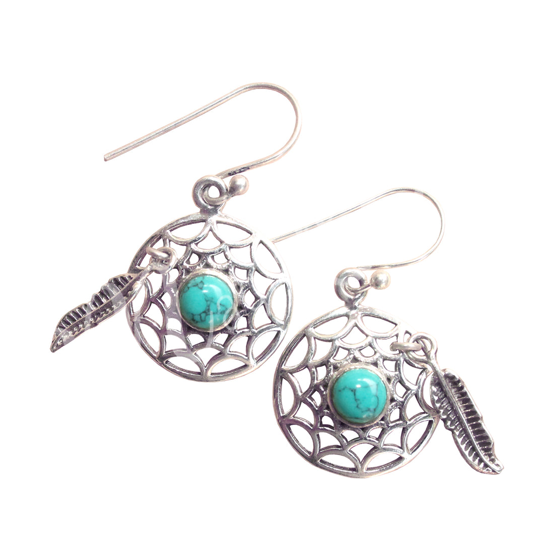 Sterling Silver Earrings Dreamcatcher Turquoise 2.5″