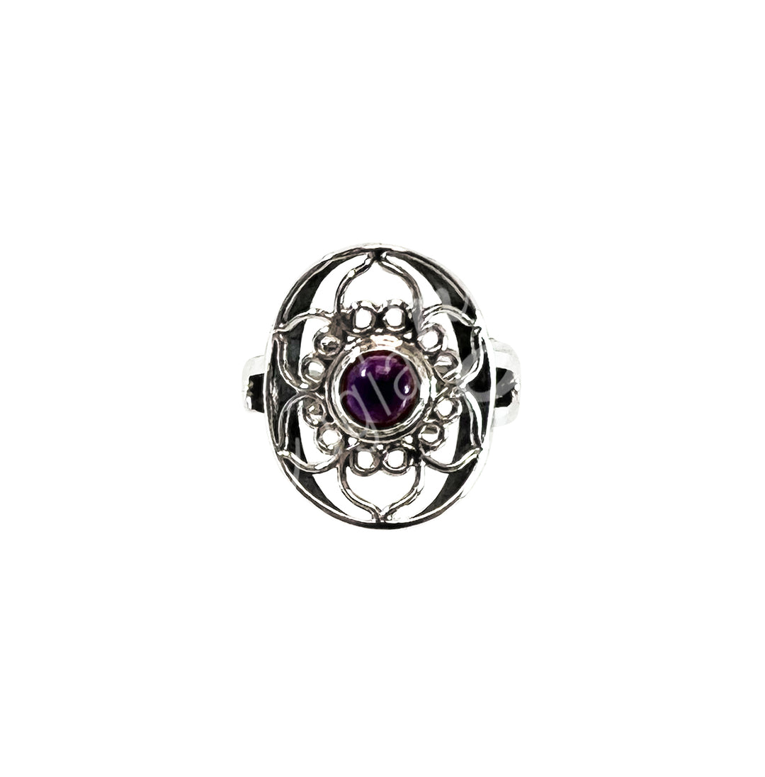 Sterling Silver Ring Lotus Amethyst Adjustable